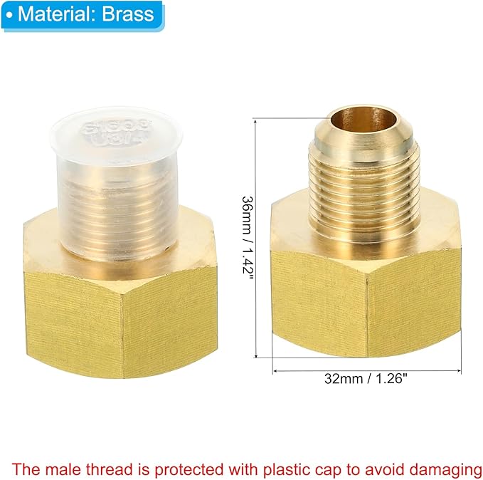 PATIKIL 3/4 Inch (1-1/16-14UNF) Female x 1/2 Inch (3/4-16UNF) Male SAE 45 Degree Flare Brass Connector for Air Gas Pipeline Refrigeration HVAC