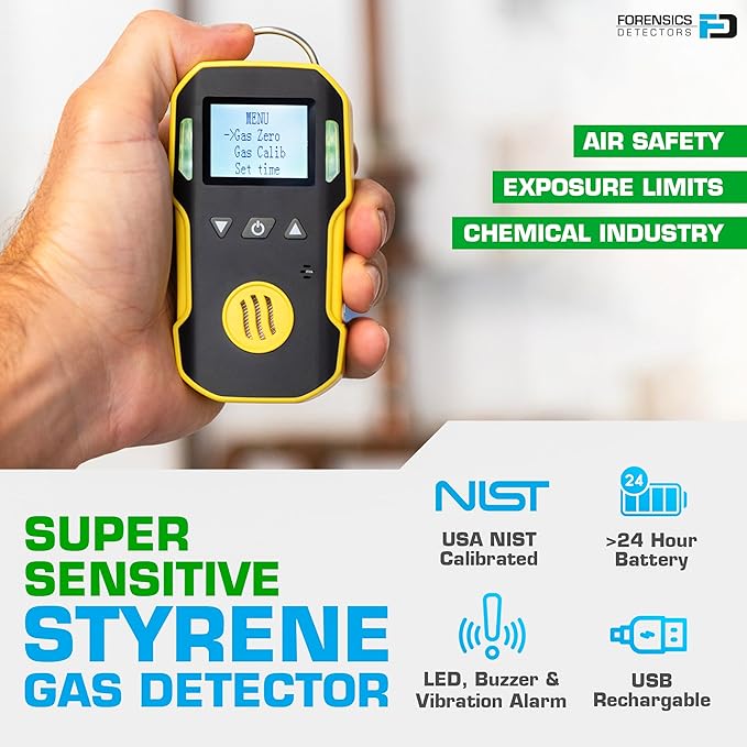 Styrene Gas Detector (C8H8) by Forensics | USA NIST Calibration & Certificate | Dust & Explosion Proof | USB Recharge | Sound, Light and Vibration Alarms | 0-100 ppm |