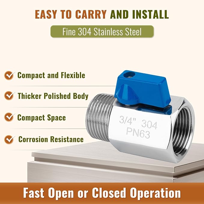 2 Pack 3/4" Mini Ball Valve, 304 Stainless Steel Shut-Off Valve NPT Female x Male Thread Small Valves for Compact Space (2, 3/4 Inch)