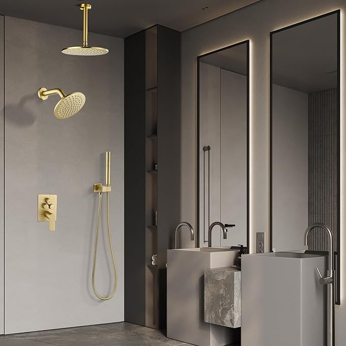 Rain Shower System, Push Button Diverter Shower Faucet Set with 2 in 1 Handheld Spray, Wall Mount Shower, Ceiling Mount Shower Head 3-Function Rainfall Shower System-Brushed Gold