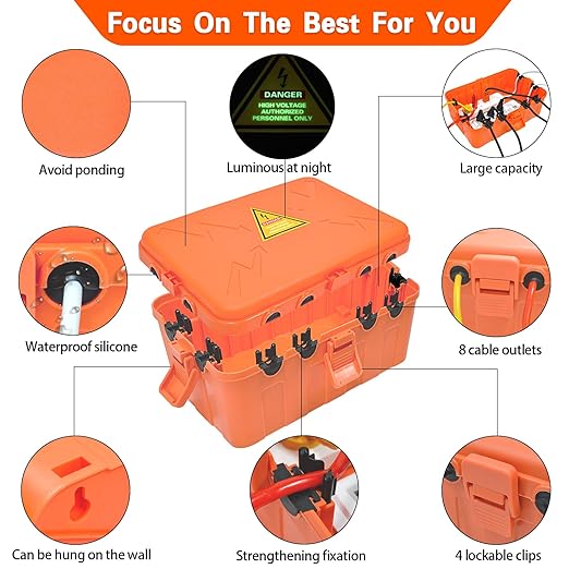 Hrensaw Large Outdoor Electrical Box(12.5x8.5x5inch),IP54 Waterproof Outdoor Outlet Covers,Weatherproof Extension Cord Covers Protect Outlet,Plug,Timer,Power Strip,Holiday Light,Orange