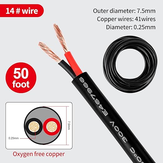 14 Gauge Electrical Wire, 2 Conductor PVC Cord, 50FT 2 Core Flexible Extension Power Cord for LED Lamp Lighting Strips, Automotive