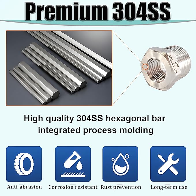 3/4" NPT Male to 1/4" NPT Female Hex Bushing Reducer, 304 Stainless Steel NPT Reducing Adapter Pipe Fitting, Heavy Duty Pipe Hex Bushing for Reducing Pipe (3/4” MNPT x 1/4” FNPT)