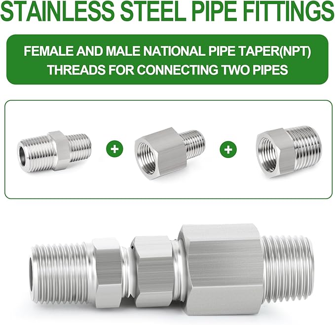 TAISHER 2PCS Forging of 316L Stainless Steel Pipe Fitting, Reducer Adapter, 3/8" NPT Male x 1/2" NPT Female, Reducing Pipe Adapter Fitting