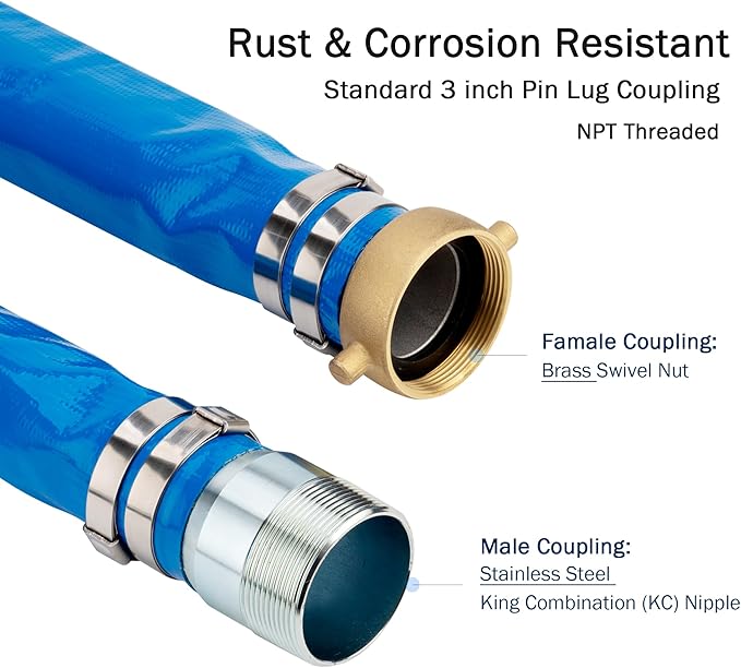 DAVCO 3" ID x 50 ft Pool Backwash Hose, Heavy Duty Reinforced Blue PVC Lay Flat Water Discharge Pump Hoses For Swimming Drain Pools and Clean Filters, with Brass NPT Pin Lug and KC Nipple Fittings
