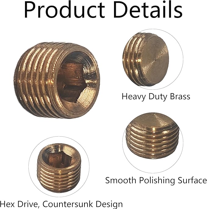 12PCS 1/8" NPT Male Plug Fitting Set, Brass Hex Counter Sunk Plugs, Internal Hex Socket Thread Pipe Plug for Closing the End of Pipe