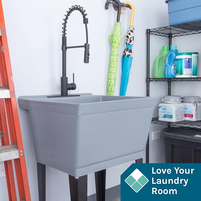 Utility Sink Extra-Deep Laundry Tub in Grey with High-Arc Coil Pull-Down Sprayer Faucet in Matte Black, Integrated Supply Lines, P-Trap Kit, Heavy Duty Floor Mounted Freestanding Wash Station