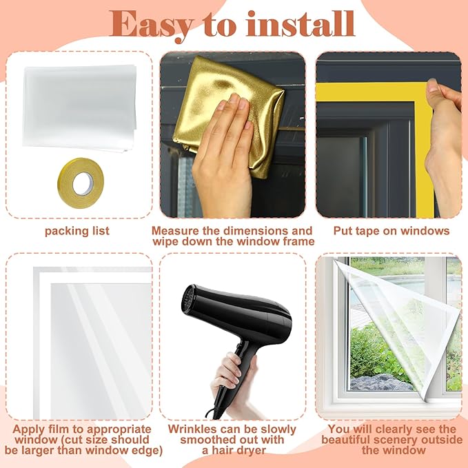 12 Pcs Window Insulation Kit Total 63 × 564 inches POF Shrink Film Insulator Fits up to 12 Windows with Double Side Tape Waterproof Insulation kit for winterizing Winter