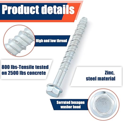 Tandefio 60 Pack 1/2" x 5" Concrete Screw Anchor Galvanized Large Diameter Heavy Duty Plated Concrete Anchors for Masonry Brick Anchoring Block Decking Framing Hex Drive