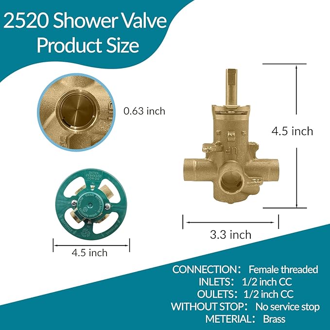 2520 Shower Valve, Brass Pressure Balancing Shower Valves Replacement for Moen 2520-1/2-Inch CC Connection, for Moen Trim Kit, 4-Port Design with 1222 Cartridge Included