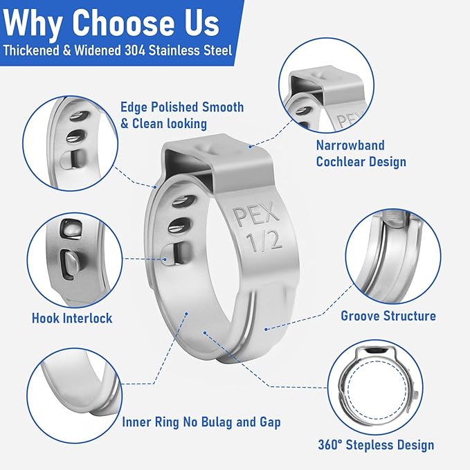 Kodilin 140-Pack 1/2 Pex Crimp Ring, Heavy-Duty 304 Stainless Steel Single Ear Pex Clamps Wider & Thicker Pex Cinch Clamps for Superior Grip & 360° Seal, Fits PEX Tubing Pipe Fitting Connections