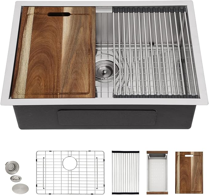 30"x19" Undermount Kitchen Sink – 16 Gauge 304 Stainless Steel Ledge Workstation Under Counter Round Corners Single Bowl Sink Basin