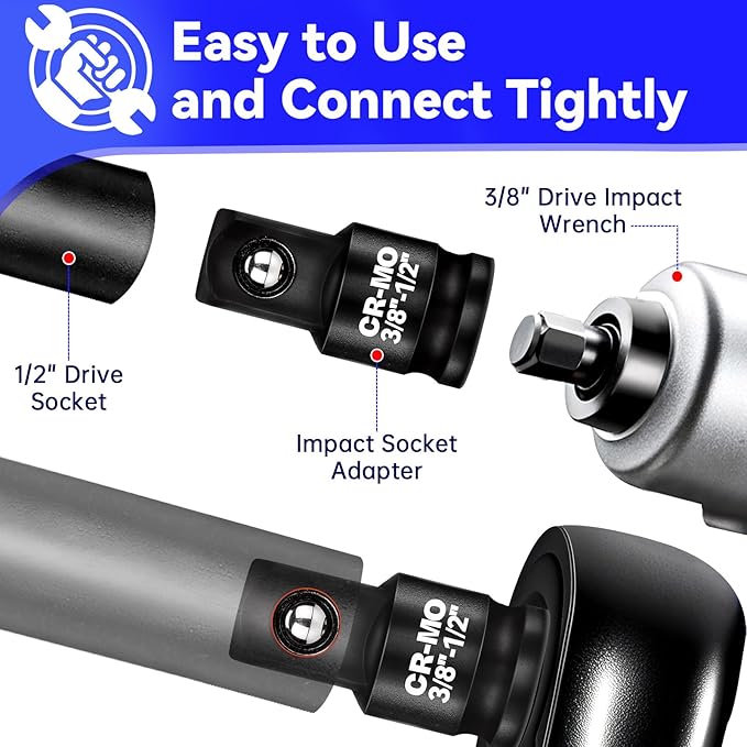 3/8" Female to 1/2" Male Impact Socket Adapter Reducer Set, 2 Pcs Chrome Molybdenum Steel Driver Conversion Adapters, for Sockets and Impact Wrench