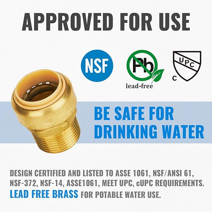 SUNGATOR 1-Inch by 1-Inch Push Fit Male Adapter, Straight Connector Plumbing Fitting, Push-to-Connect Copper, PEX, CPVC, No Lead Brass Pipe Fittings with Disconnect Clip (2-Pack)