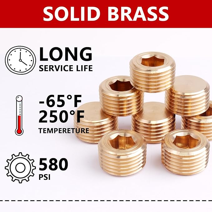 8PCS Brass Pipe Plug Fitting 1/2" NPT Male Plug Hex Counter Sunk Plugs,Internal Hex Thread Socket Pipe Plugs Kit