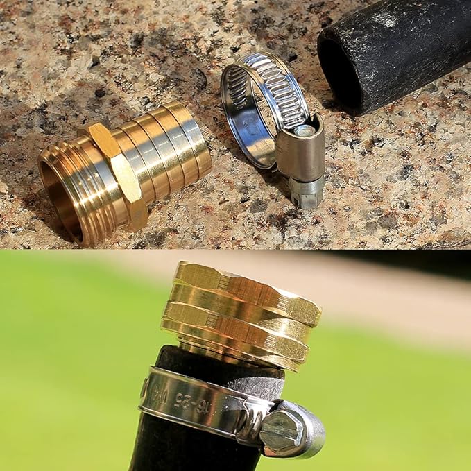 Solid Brass Garden Hose Repair kit Connector with Clamps 3/4" Barb x 3/4" Male,Fit for Garden Hose Fitting,Male and Female Hose Fittings