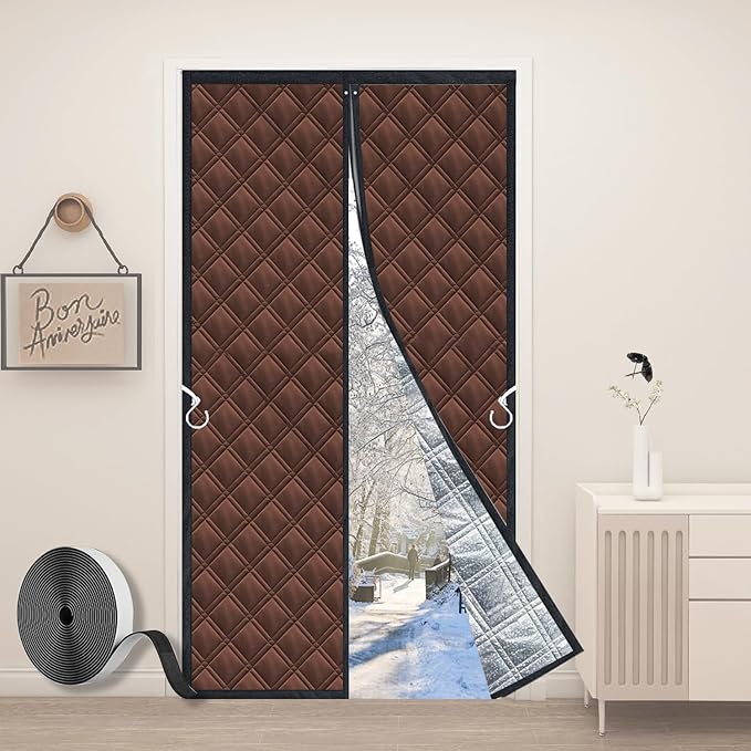gulrear 38"x83" 3-Layer Thermal Door Insulation Curtain & Temporary Door Insulation Cover for Winter with Reflective Aluminum Foil – Blocks Cold and Heat,Magnetic Curtain for Easy Entry and Exit
