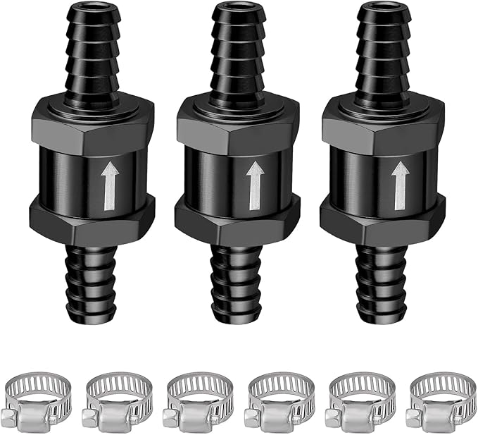 EVIL ENERGY 5/16'' (8mm) Check Valve, 3 Pcs Aluminum One Way Fuel Check Valve for Gasoline, Diesel & Coolant with Universal Hose Clamps, Black
