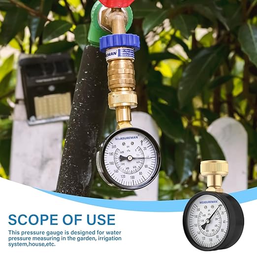 MEASUREMAN 2-1/2'' Water Pressure Test Gauge, 0-200 Psi, 3/4" Female Garden Hose Thread, Stainless Steel Case, for Home Potable Water, House Tube