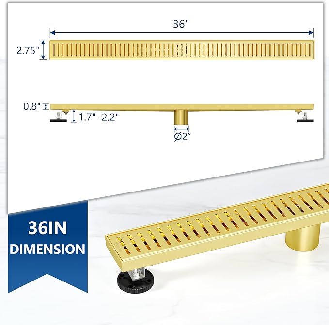 Neodrain 36" Gold Bathroom Linear Shower Drain with Removable Capsule Pattern Grate, 304 Stainless Steel Rectangle Shower Floor Linear Drain- Adjustable Leveling Feet,Hair Strainer, CUPC Certified