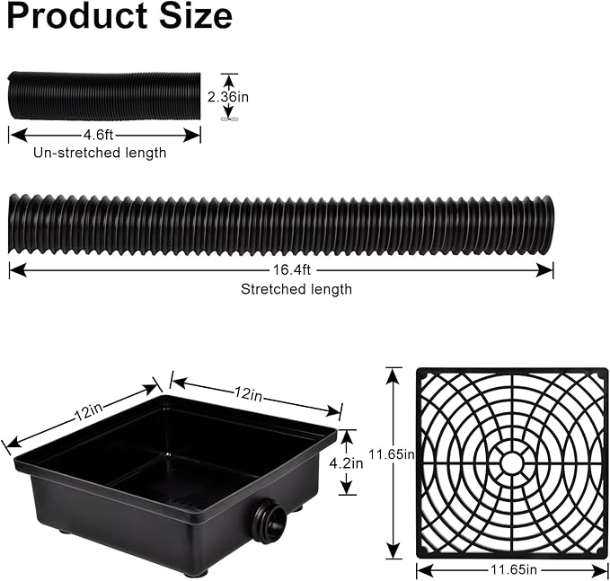 Low Profile Catch Basin Drain Kit Downspout Extender, 12"×12" Catch Basin Gutter Downspout Extensions with 2" ID Flexible Pipe, Pipe Stretched Length 16.4ft, Rainwater Drainage System