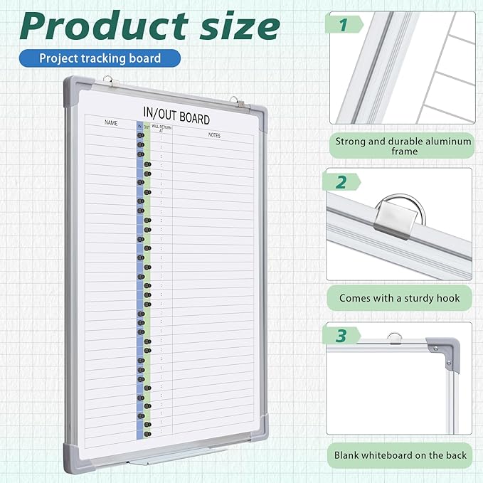 Lincia in and Out Magnetic Dry-Erase Board 24" x 18" Aluminum Framed White Board with Lines 33 Names with Magnetic Dry-Erase Marker, Eraser, and 35 Magnets Wall-Mounted for Office Employee