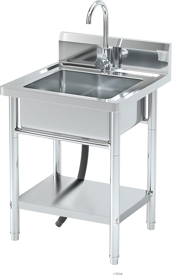 20" Free Standing Stainless-Steel Single Bowl Commercial Restaurant Kitchen Sink Set w/Hot and Cold Faucet, for Kitchen and Bathroom Farmhouse Style