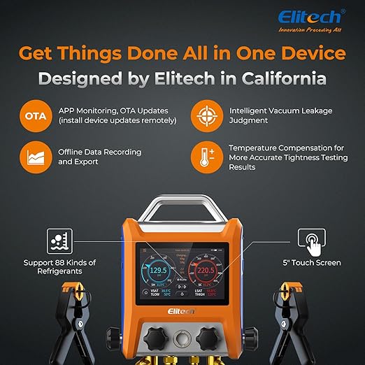 Elitech Digital 4 Valve Manifold Gauge HVAC with Refrigerant Hoses, Vacuum Micron Gauge, Thermometer Clamps, OTA Upgrade, Wireless APP Control