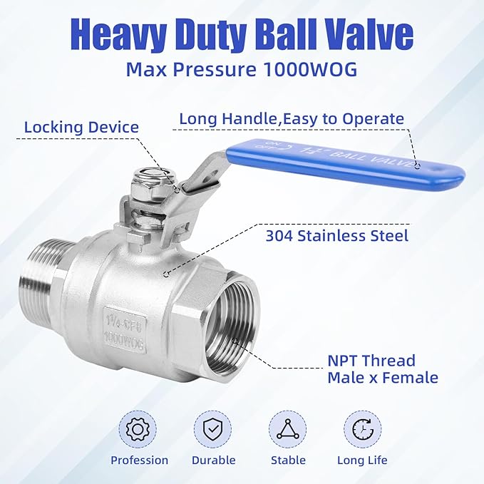 YADIAN 2 Pack Full Port NPT Ball Valve 1-1/4inch - Male x Female 304 Stainless Steel Heavy Duty Shut Off Valve with Blue Vinyl Insulation Handle and Locking Device for Water, Oil, and Gas, 1000WOG