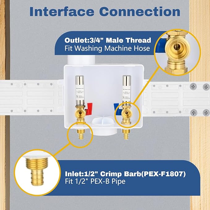 2-Pack GUOFIS Washing Machine Outlet Box,1/2 Inch PEX Crimp Inlet x 3/4 Inch MHT Outlet, Laundry Washer Box with Stainless Steel Water Hammer Arrestor (Center Drain)