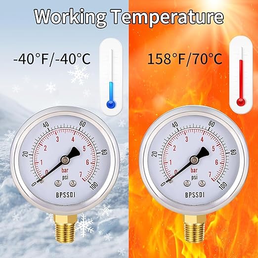 100 Psi Vacuum Pressure Gauge,Lead-Free Water Pressure Gauge, 2.5" Dial Size, 1/4" NPT Lower Mount, 304 Stainless Steel Case, for Pneumatic Air Compressor RV Regulator Valve Test(with Tape)