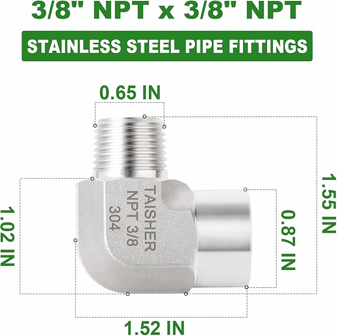 TAISHER 2PCS 304 Stainless Steel 90 Degree Barstock Street Elbow, 3/8 Inch NPT Male Pipe to 3/8 Inch NPT Female 304 Stainless Pipe Fitting