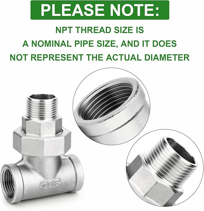 TAISHER 1PCS 304 Stainless Steel 3 Way Tee Union，1/2" NPT Female x 1/2" NPT Male x 1/2" NPT Female Cast Pipe Fitting
