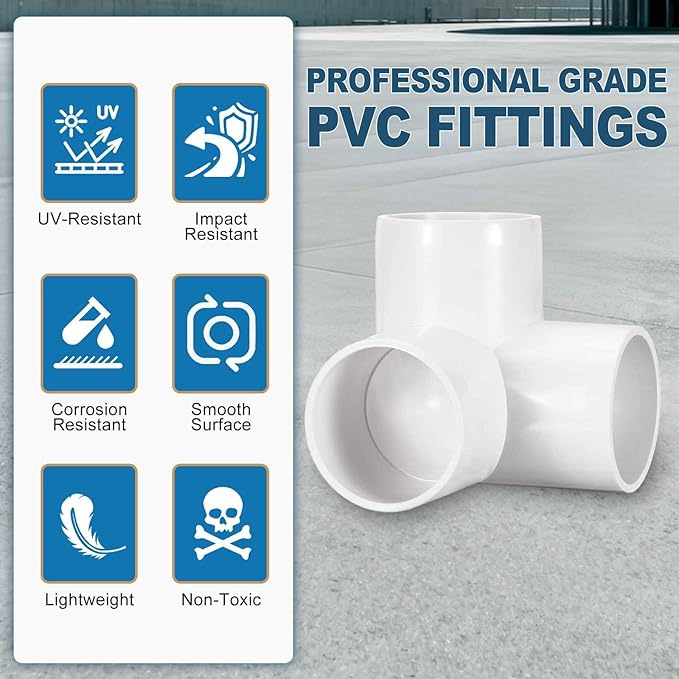 4 Pack 1 1/2" SCH40 PVC Elbow Pipe Fitting, 3-Way PVC Elbow Corner Side Outlet Tee Fitting, Furniture Grade Pipe Connectors for DIY Project, Pond Protection, Socket x Socket, White