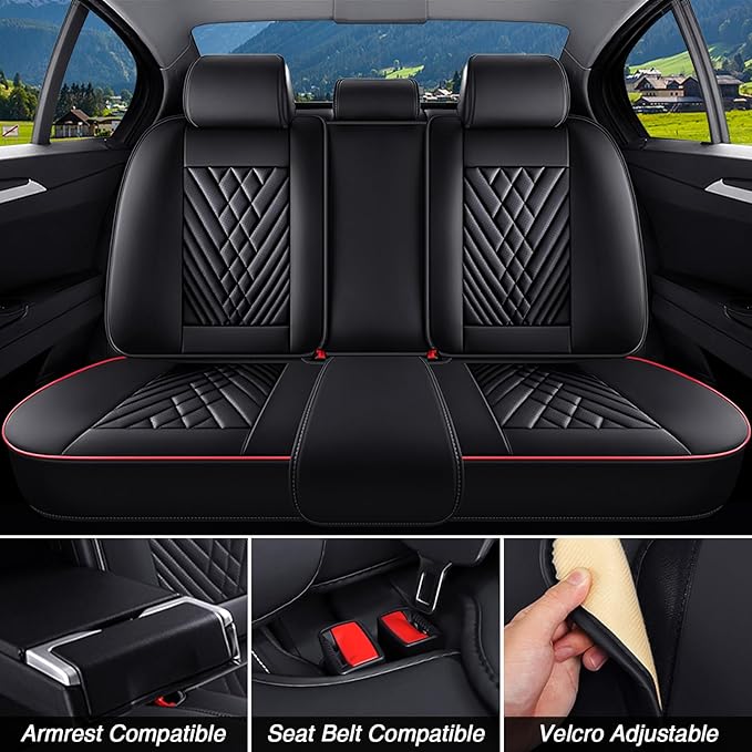 Car Seat Covers for Jaguar E-PACE 2018-2024,Breathable Nappa Leather Car Seat Protector,Full Seat Cover with Pillow Automotive Seat Cushion with Airbag Compatible(5 Seats,Black-Red)