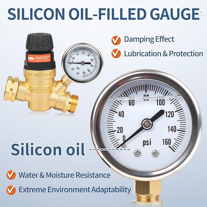 OULEME RV Water Pressure Regulator Valve with Handle Adjustable, Silicone Oil Gauge, Double Filters, Brass Lead-Free and 3/4" Connector for Camper Travel Trailer Water Pressure Control
