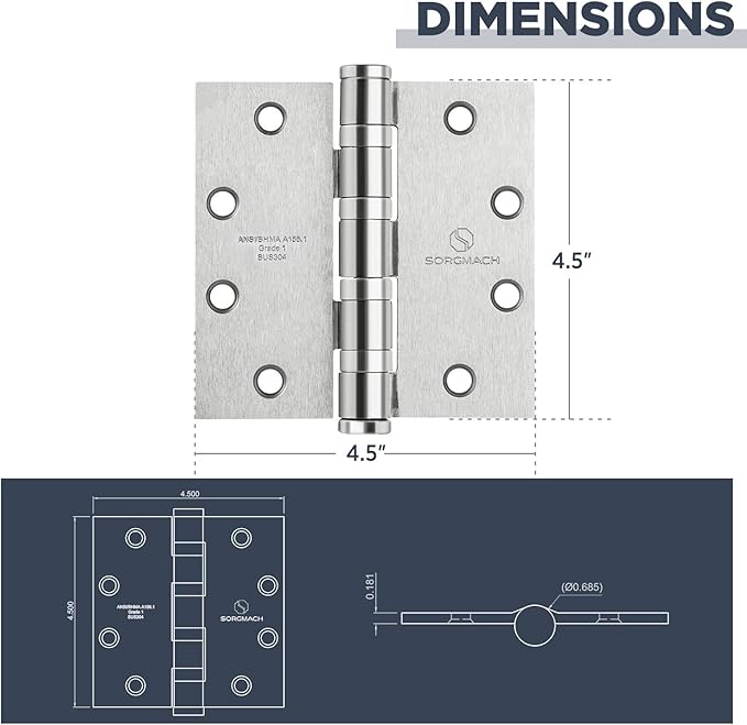 Satin Chrome 4.5 Inch Heavy Duty Commercial Hinges Square Radius Corners Brushed Silver Door Hinges 4 ½"x 4 ½" Ball Bearing Door Hinges for Interior Exterior Door - 3 Pack