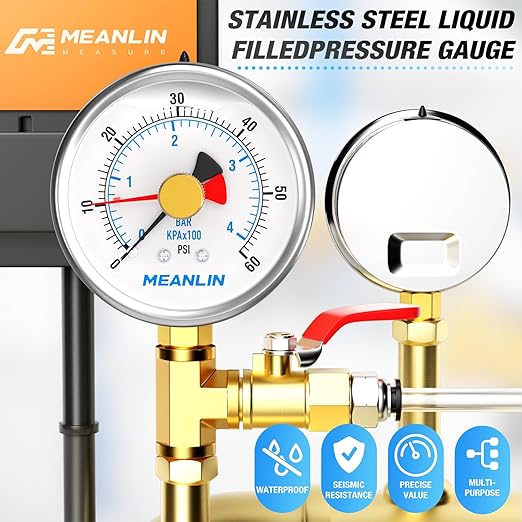 MEANLIN MEASURE 0~60Psi Stainless Steel 1/4" NPT 2.5" FACE DIAL with Reset Pointer Liquid Filled Pressure Gauge WOG Water Oil Air, Lower Mount, with Brass Hex Bushing
