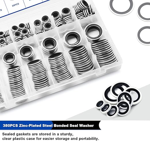 380 PCS Metric Bonded Sealing Washers, NBR Zinc-Plated Steel Self-Centred Sealing Rubber Washers, Automotive Seal Gasket Crush Washers Assortment Kit Set, Includes Sizes of M6-M30
