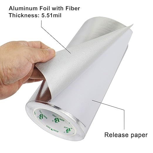 BOMEI PACK Adhesive Aluminum Foil Heat Shield Tape Barrier, Fiberglass Thermal Insulation Reflective Material High Temp Protection (10inch x 66ft)