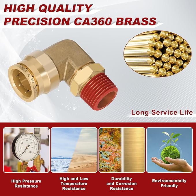 3/4" Quick Push to Connect Fittings Brass 90 Degree Union Swivel Elbow Joint DOT Approved 3/4" Tube OD x 1/2" NPT Thread Air Brake Line Adapter Air Suspension Kit for Car Truck Trailers 5pcs