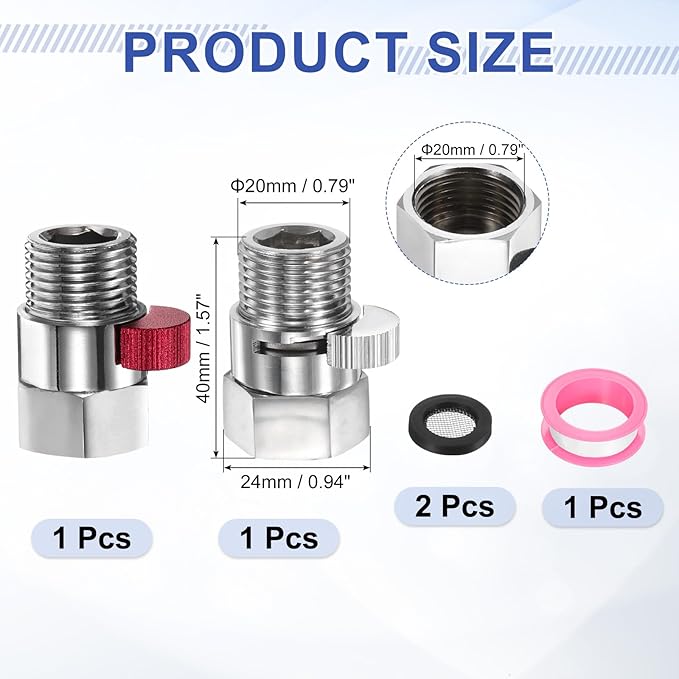 uxcell 2 Set G1/2" Female x Male Shower Shut Off Valve, Brass Water Flow Control Valve for Shower Head with Hose Flow Restrictor, Red/Silver