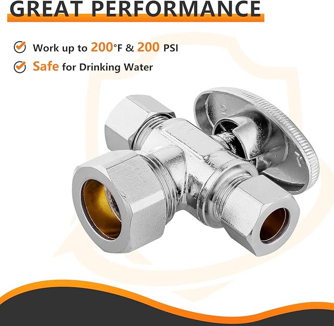100-PCs HeSun Dual Compression Outlet Angle Stop Valve, 1/2" Nominal (5/8"OD) x 3/8" OD x 3/8" OD Compression, 1/4-Turn Shut Off Valve for Bathroom, PEX Chrome Plated Brass(VALVE123-100)