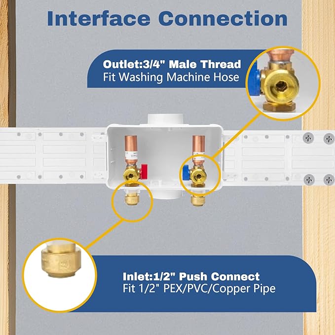 1-PACK GUOFIS Washing Machine Outlet Box with Center Drain,PEX Laundry Washer Box with Copper Water Hammer Arrestor (1/2"Push-fit Connection Inlet X 3/4"MHT Outlet)