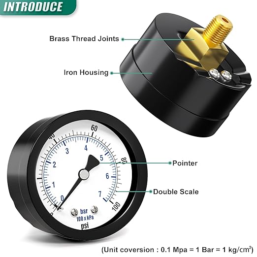 0-100PSI Well Pump Pressure Gauge 2" Dial Size, 1/8" NPT Back Mount, 3-2-3% Accuracy, for Tube, Water Pump, Gas, Liquid, Pressure Test