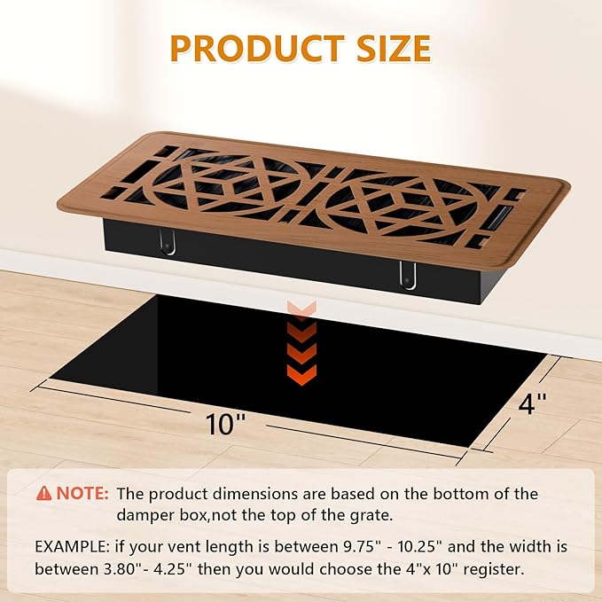 2 Pack Floor Vent Covers, Floor Register 4x10, Heavy Duty Walkable Steel Vent Cover, Adjustable Metal Decorative Vent Covers for Home Floor Ceiling or Sidewall Vent, Rust-Proof Finish (Red Oak Color)
