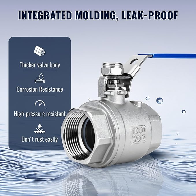 2 Pack 1-1/4" Ball Valves NPT Female Valve 304 Stainless Steel Full Port Locking Ball Valve Handle, Heavy Duty Shut Off Valve for Home and Industrial (1-1/4 Inch)