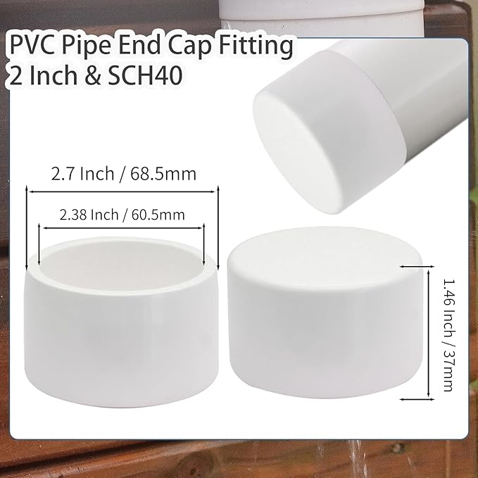 2 Pack 2 Inch PVC Cap, SCH40 PVC Pipe End Cap Fitting Furniture Grade Pipe End Plug Adapter, White Plug Socket Fittings for Build Furniture DIY Garden Shelf