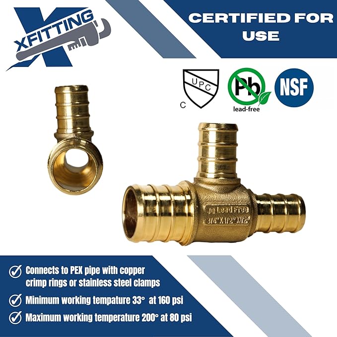 XFITTING 3/4 inch x 1/2 inch x 1/2 inch Pex Tee, Pex B Reducing Tee Crimp Version 25-1-4=5X, 5 Pieces