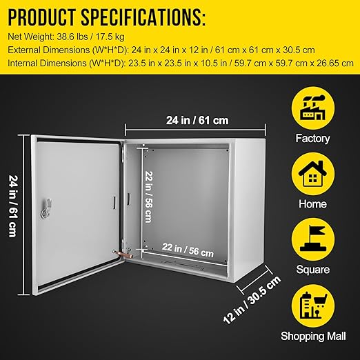 Garvee Outdoor Electrical Box, 24x24x12 Steel Junction Box, NEMA 4X Electrical Enclosure Box IP66 Waterproof & Dustproof, Universal Electrical Project Box with Lock & Mounting Plate